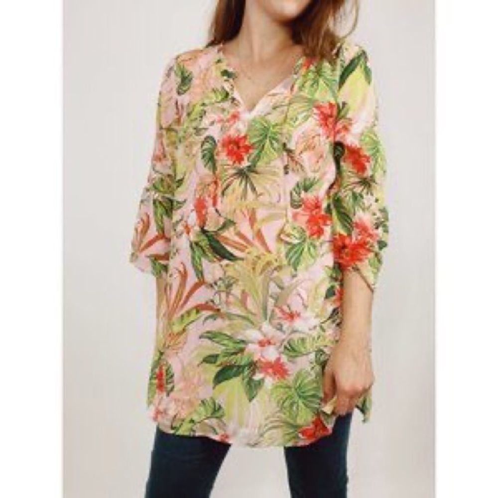 J.Jill Pink Green Tropical Floral Tunic Top Spring Summer Blouse Size L